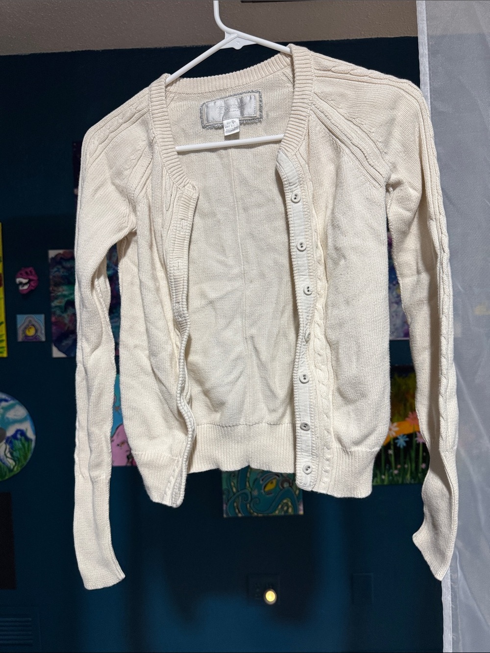 Women's Cream Button-Front Cable Detail Sweater Cardigan